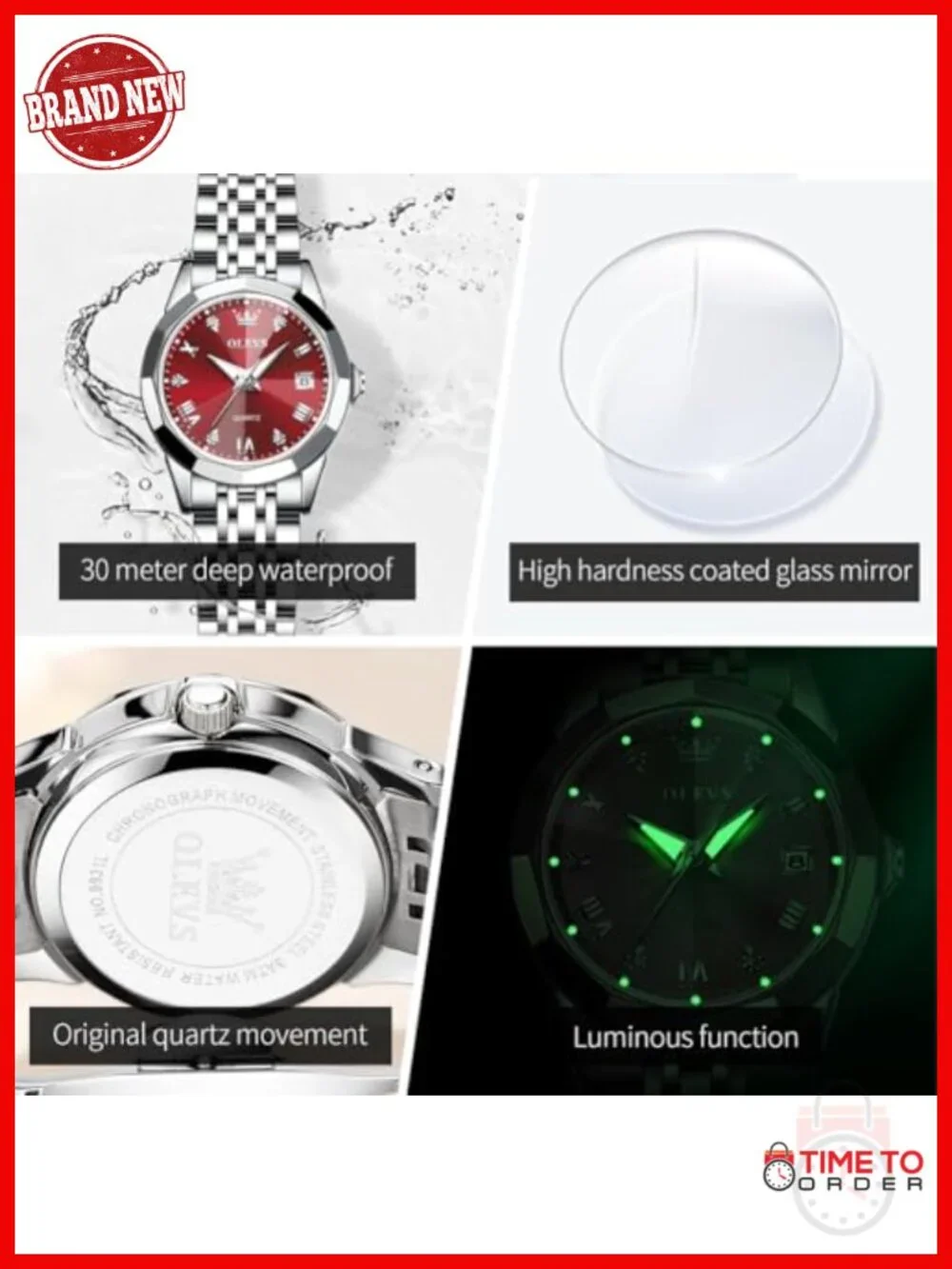 Ladies Quartz Wristwatch Stainless Steel Waterproof Luminous Day Date Two Tone
